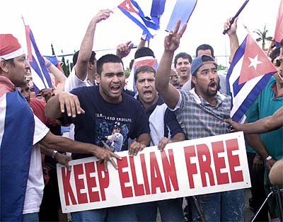 Cuban-American protesters demonstrate in the streets of Miami's Little Havana,