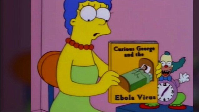 Marge with Curious George and the Ebola virus book