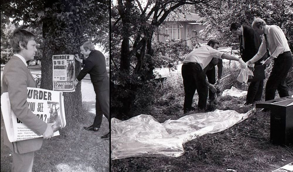 Detectives putting up posters regarding the Barbara Forrest murder(on left), Detectives searching the spot where the body of Barbara Forrest was found(on right)