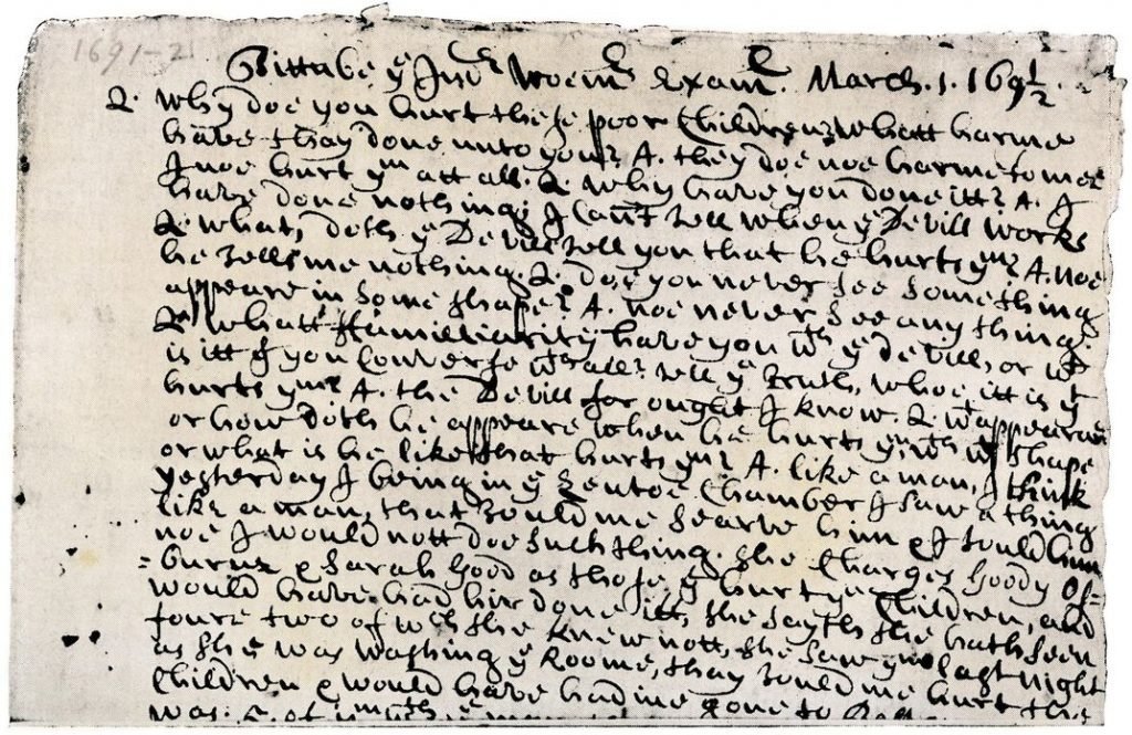 Tituba’s testimony regarding the devil (here, a 1692 transcript) riveted the courtroom: “I must serve him six years and he would give me many fine things.” (North Wind Picture Archives)