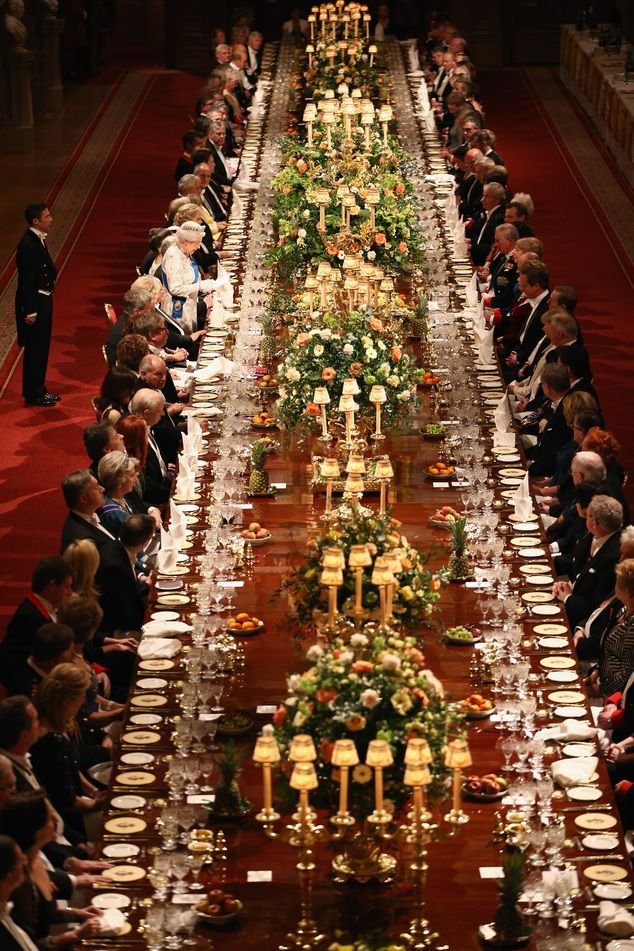 Guests at a state banquet at Windsor Castle
