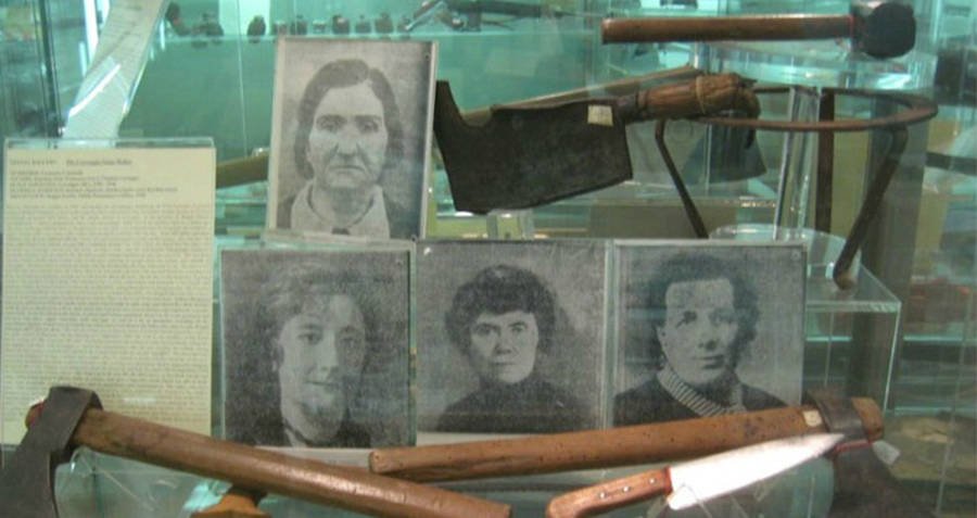 Leonarda Cianciulli's victims and her murder weapon, the axe.