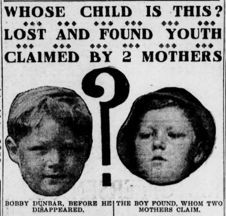 A newspaper cut of the case; Bobby Dunbar, whose child is this. 
Image shows two child, Bobby Dunbar, before he disappeared, and the boy whom two mother claim to be Bobby Dunbar 