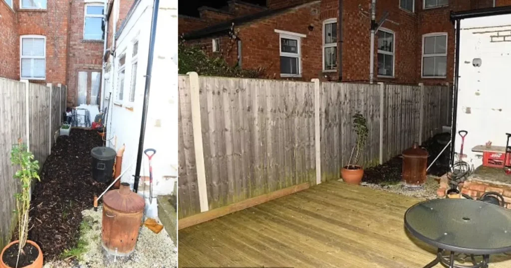 Beal buried her boyfriend in a makeshift grave filled with compost and bags of Cotswold Stone (left)
The back garden of the property in Northampton where Nick Billingham was buried(right) 